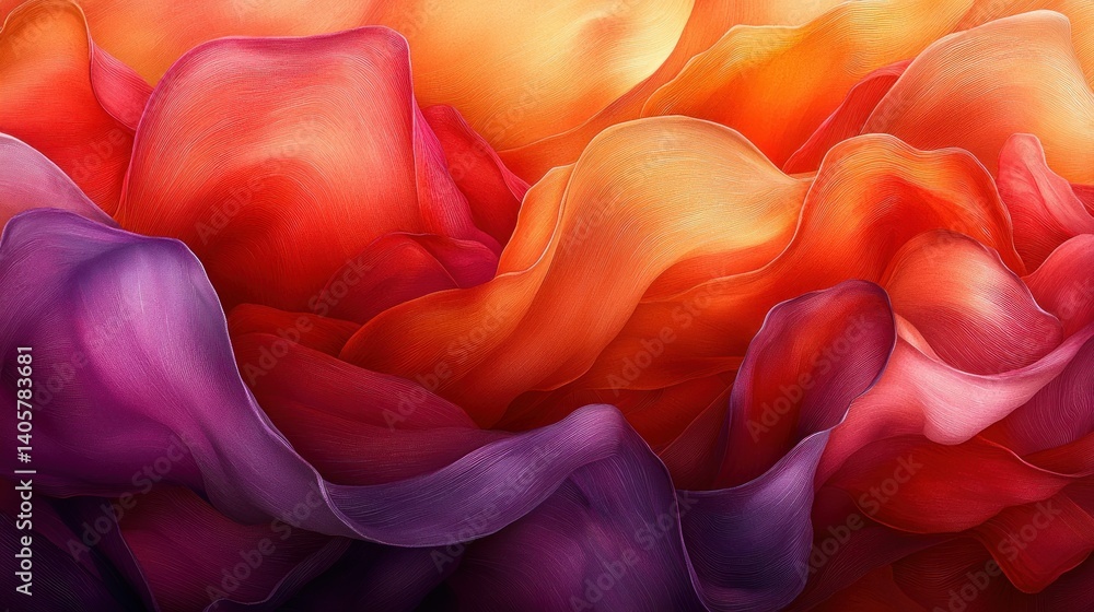 Poster abstract flowing fabric. a vibrant, dynamic display of fluid, draped textiles in a spectrum of warm 