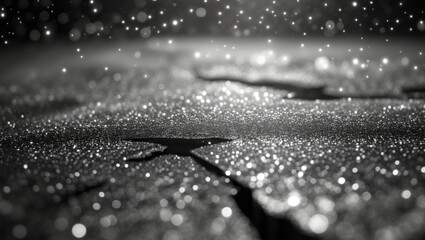 Glittery white and black abstract background banner featuring space. Stars twinkling with a glow effect like the night sky, universe, and outer space. Textured, rusty grainy surface.