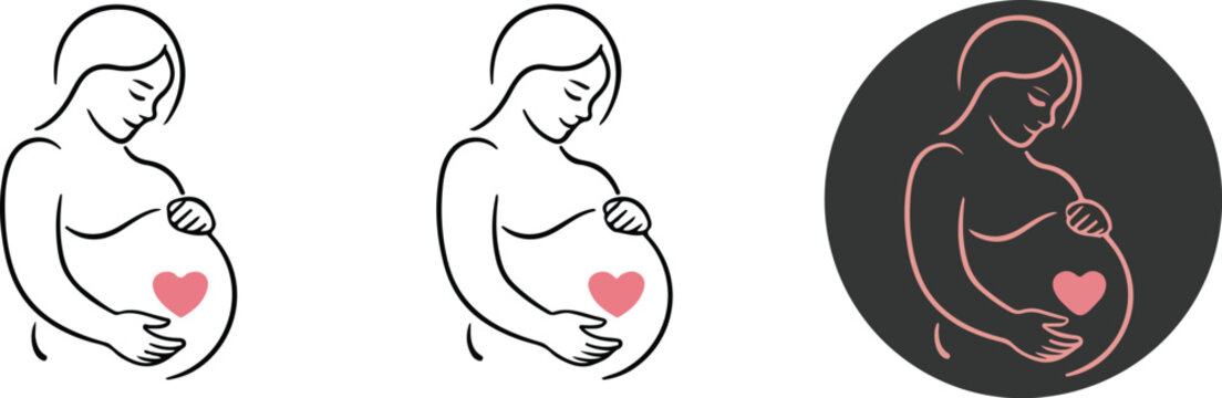  Vector Illustration of Pregnant Woman Holding Belly with Heart Symbol – Motherhood, Maternity, and Prenatal Care Concept in Line and Filled Icon Styles