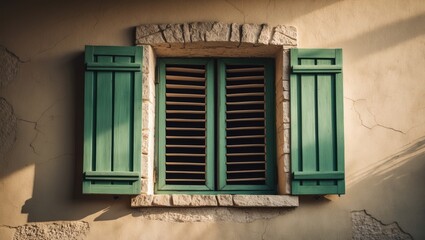 Fototapeta premium Beauty of the object: a closed green vintage wooden window against a rough wall. Design and Decoration.