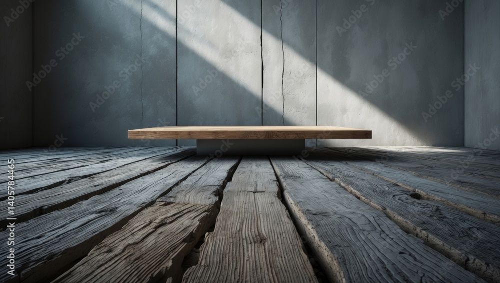 Poster abstract design of a concrete wall with an empty wooden table.