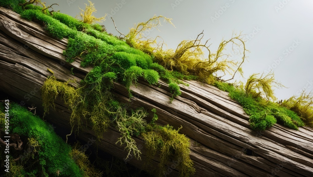 Poster isolated side view of tree bark covered in green moss