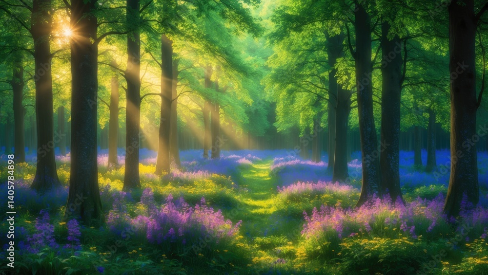 Poster scenic view of sunlight piercing through the fresh air and lush beech trees in a forest celebrated f