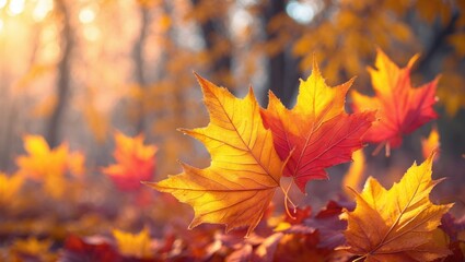 Golden autumn leaves bathed in gentle sunlight foster a calm and peaceful environment. The bright yellow tones of the foliage represent beauty and serenity.
