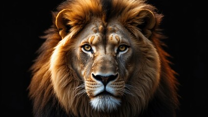 Naklejka premium Portrait of an adult male lion staring into the camera with a black background