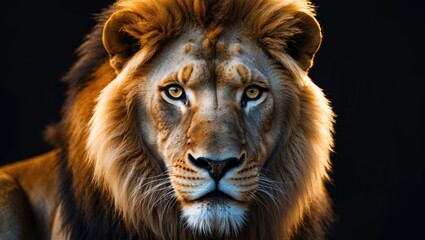 Naklejka premium Black background featuring a male adult lion's portrait looking at the camera