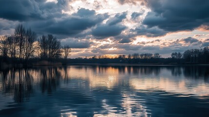 Fototapeta premium Sunset lake reflection, trees, cloudy sky, peaceful scene