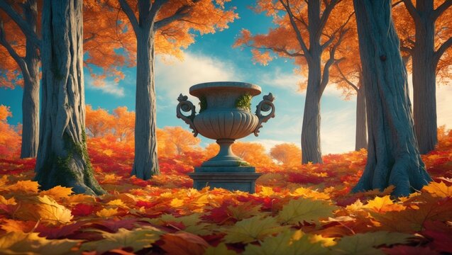 Warm sunlight illuminates golden autumn leaves, creating a stunning contrast against a clear blue sky. The fragile leaves shift from rich amber to vibrant orange, showcasing the strength of nature.