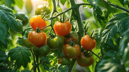 Sun-kissed ripe tomato plant growing in the garden