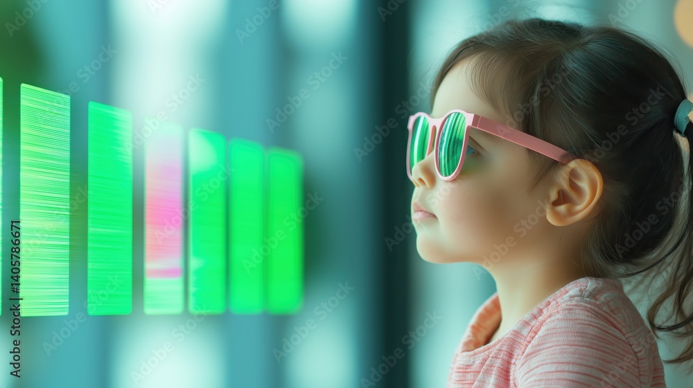 Poster child with sunglasses observing financial forecasting data visualization in modern environment