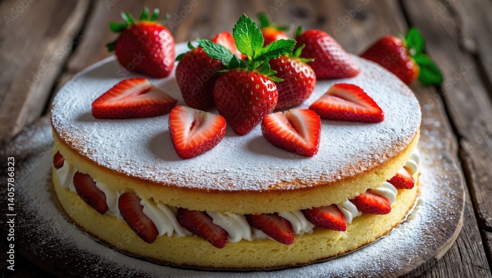 Poster Sponge cake in a round shape with a dusting of powdered sugar and decorated with strawberries