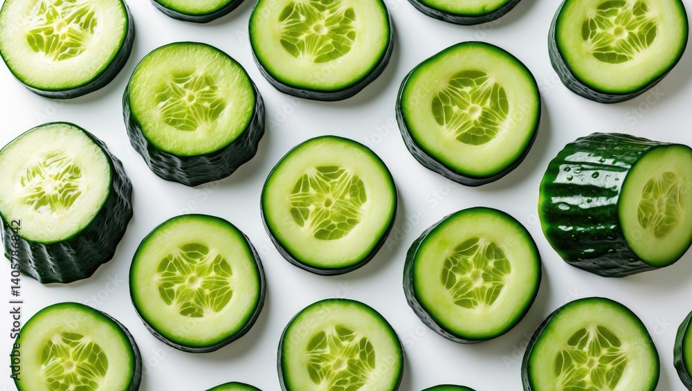 Aufkleber round slices of cucumber shown from multiple perspectives on a white surface.