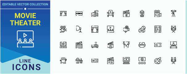 Movie Theater simple icon. Contains such icons as entertainment, film, video, ticket, theater, tv, camera. Cinema linear icon collection. Expanded stroke icons. Editable vector illustration.