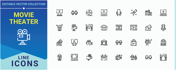 Movie Theater simple icon. Contains such icons as entertainment, film, video, ticket, theater, tv, camera. Cinema linear icon collection. Expanded stroke icons. Editable vector illustration.