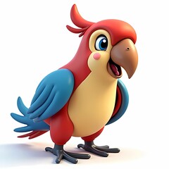 A cartoon parrot with red head and blue wings standing on a white surface looking happy