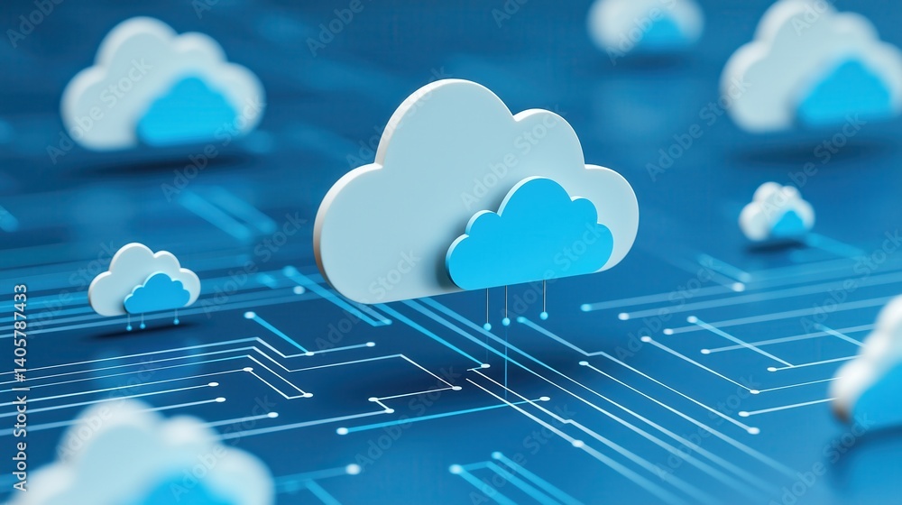 Poster floating cloud server concept with encrypted data and firewalls in digital space