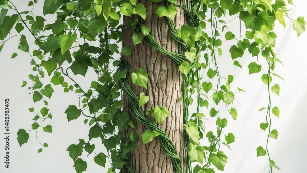Poster forest tree trunks featuring twisted vines and green foliage on a white backdrop, clipping path incl