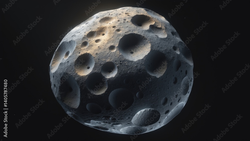 Poster asteroid with craters on its surface set in a dark space environment.