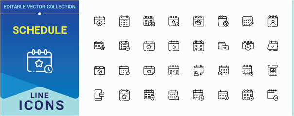 Schedule icon set. Included deadline, month, date and time, plan, organizer, organize, date and more. Calendar icon pack. Modern vector UI icons. Editable stroke vector art.