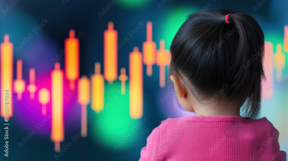 Aufkleber child observing financial market trends with colorful graphs and data visualization elements