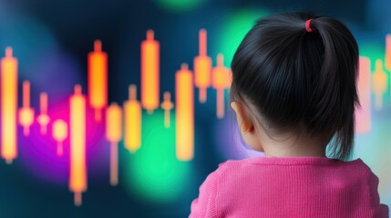 Child Observing Financial Market Trends with Colorful Graphs and Data Visualization Elements