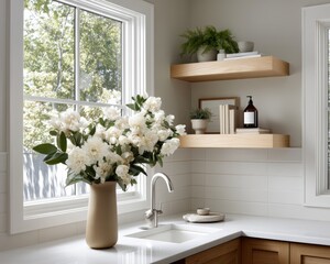 White subway tile backsplash, custom wooden shelving, minimalist faucet, view of blooming flowers and green plants - white urban interior