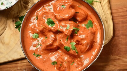 Creamy indian butter chicken dish with cilantro garnish in a bowl on wooden table. National Curry Week National Food Month
