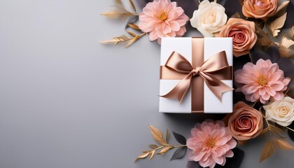 White Gift Box with Rose Gold Ribbon on Flowers Background. Top View of Mother Day Gifts with Copy Space