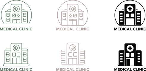  Medical Clinic Icon Set – Minimalist Hospital and Healthcare Building Symbols in Line and Filled Style for Health, Emergency, and Wellness Concepts