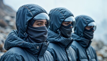 Mysterious mountain climbers, wearing warm hats with helmets, in dark gear surveying rugged terrain against rocky backdrop