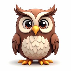 Fototapeta premium A cartoon owl with brown and white feathers standing on a white surface looking forward cute