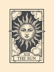 Vintage tarot card of the Sun in bold black engraving style