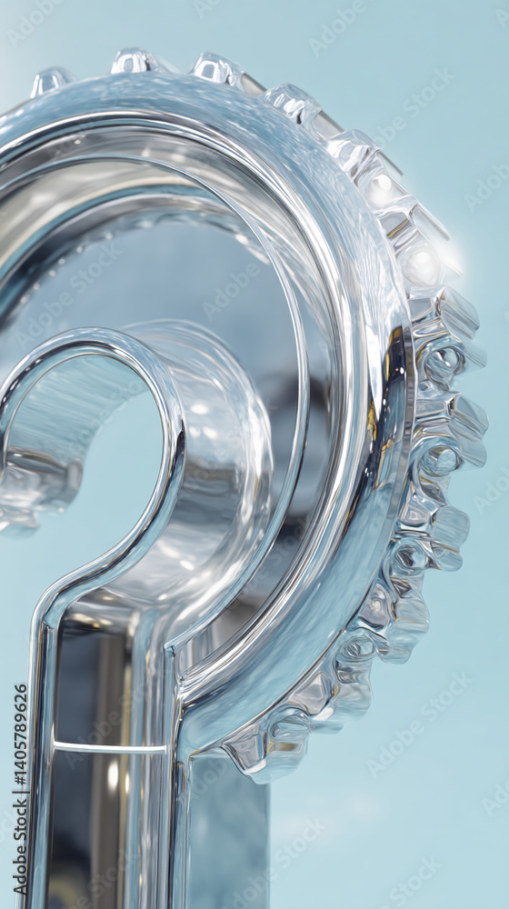 Poster close-up of a chrome question mark, gear-shaped, reflecting light, creating a metallic, sleek design