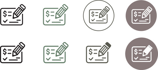   Editable Invoice Icon Set – Billing and Financial Document Illustration with Pencil Symbol in Minimal Line and Flat Circular Variants for Payment and Accounting Concepts