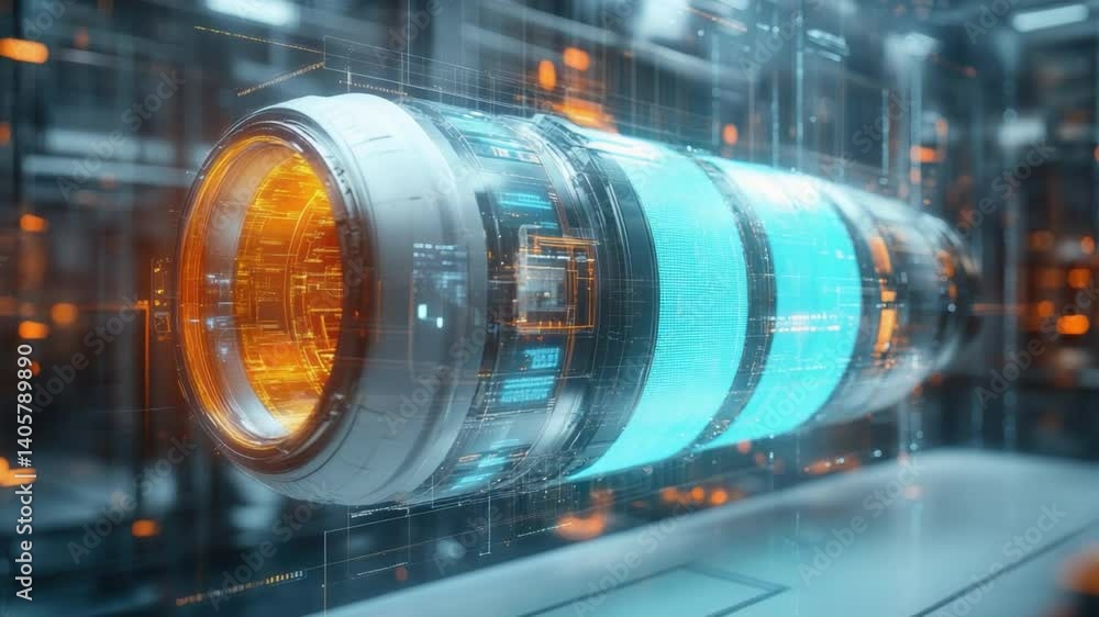 Poster technological core: a detailed view of a futuristic cylindrical device with glowing lights, showcasi