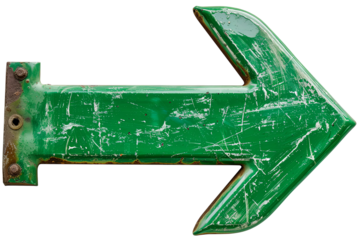 Green, weathered arrow points right, marked with scratches. Mounted with rusty hardware on a transparent background