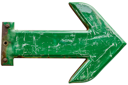 Green, weathered arrow points right, marked with scratches. Mounted with rusty hardware on a transparent background