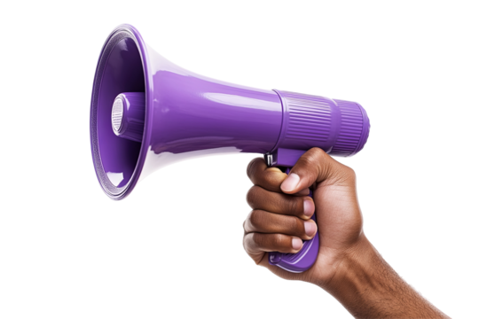 A hand holds a purple megaphone against a transparent background. The megaphone is pointed to the left. The arm is flexed - Powered by Adobe