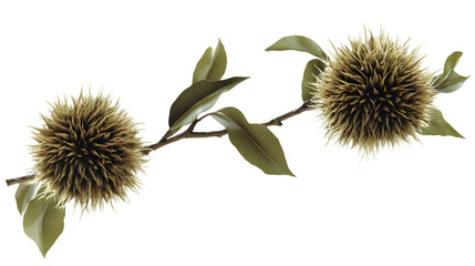 Realistic Photo Of Chestnut Branch With Spiky Seed Pods And Green Leaves