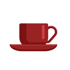 Red cup of coffee or tea standing in the center of a red saucer. Vector illustration. Flat style. Suitable for cafe design, posters, banners, cards, kitchen textiles.