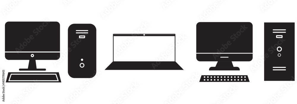 Poster monitor icon in set on the white background. set of thin, linear and modern electronic equipment ico