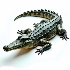 Fototapeta premium A detailed alligator figure lying on a white surface with its tail curved to the right
