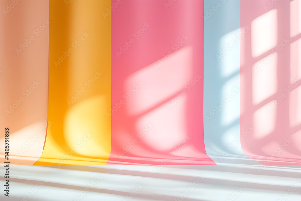 Poster colorful pastel paper backdrops with sunlight and shadows creating a soft and minimalistic scene. co