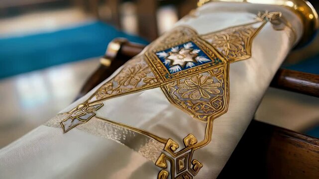 Torah scroll in white and gold, adorned with intricate embroidery, lying on wooden stand within synagogue interior