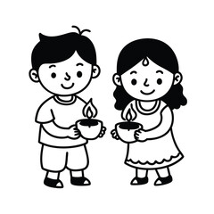 girl and boy Diwali lamp icon silhouette vector black and white