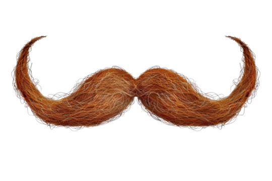 Majestic, red-brown moustache artfully curving upwards. Its texture mimics natural hair, creating a refined aesthetic