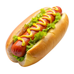Freshly prepared hot dog with a juicy sausage, mustard, and crisp lettuce, showcasing a tasty and convenient meal option.