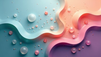 Abstract pastel wave pattern with colorful spheres and fluid shapes.