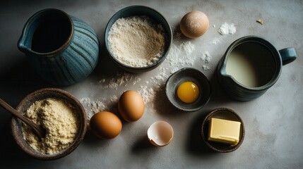 Minimalistic top view of rustic kitchen countertop with eggs, flour, and butter