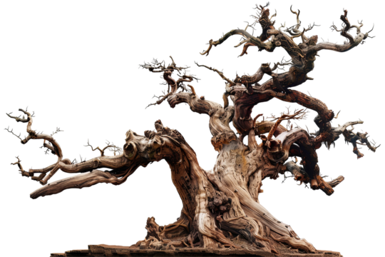 An aged, gnarled tree with twisted branches stands out against a transparent background, showcasing its weathered wood and intricate form